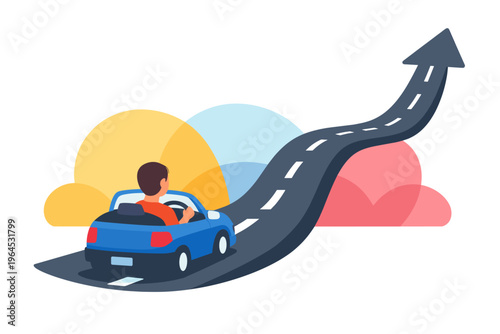 Person driving a blue convertible car on an upward curving road representing progress.