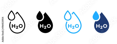 Water drop icon with H2O symbol. Drinking water and hydration symbol. Fresh and clean liquid, droplet and beverage sign. Pure water concept representing healthy and drinkable liquid.