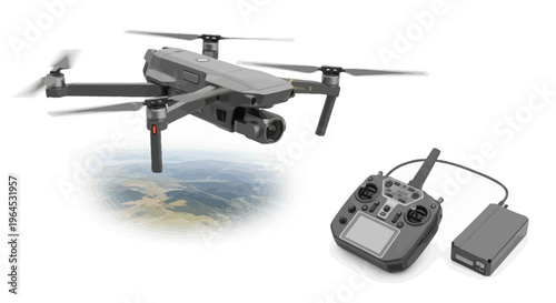 An illustration features a hovering aerial drone, controller, and battery pack