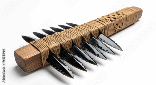 A detailed image of an ancient weapon with obsidian blades attached to a wooden handle