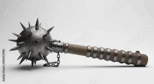A spiked, ball-headed mace lies on a white surface with a chain and a wooden handle