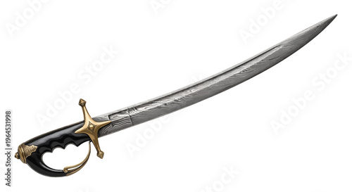 A curved, ornate saber with a patterned blade and gold accents on a white background