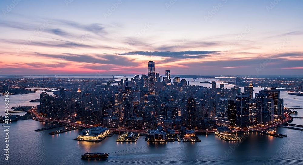 Fototapeta premium Panoramic aerial view of a vibrant city at dusk, featuring illuminated modern skyscrapers and a stunning twilight sky reflecting over the serene river, capturing urban beauty