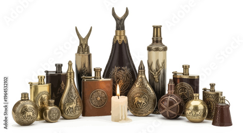 Group of various ornate antique flasks, bottles, and a candle in front of a white background