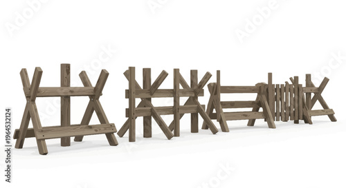 A series of wooden barricades of various designs stand in a row