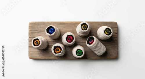 Abstract arrangement of eye-like objects with colorful insides on a wood plank, white background