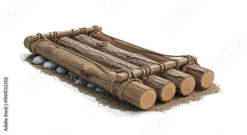 A simplistic illustration of a log raft bound with rope resting on a bed of gravel and stones