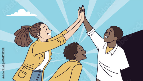 A funny cartoon illustration of a loving family and couple with a man and woman holding hands on the beach as a boy and child play nearby in this vector people scene