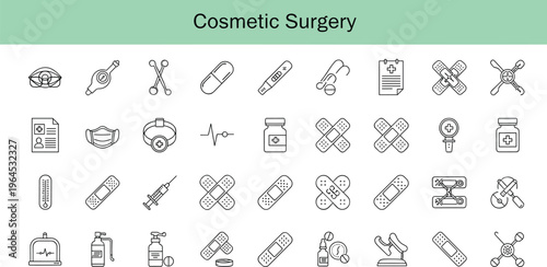Cosmetic surgery linear dot icons set with medical tools bandage treatment and healthcare symbols vector illustration isolated on white background