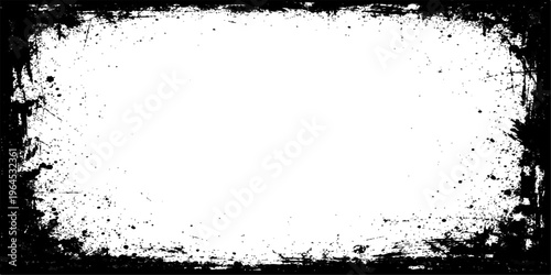 Abstract black grunge border frame with rough distressed edges, ink splatters, scratched texture, and paint stains on white background for vintage dirty design, overlays, and creative graphic use.
