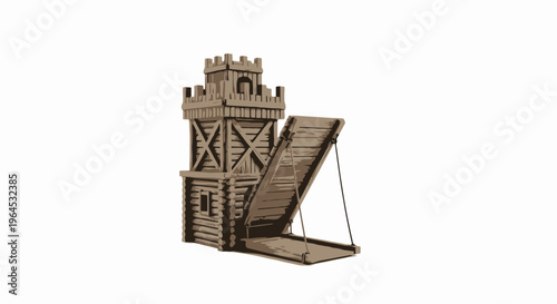 A wooden siege tower with a drawbridge extended. The tower is brown and set on a white background