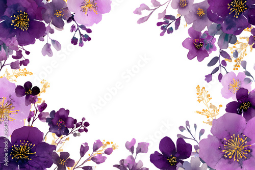 Floral watercolor frame with purple and pink flowers and gold accents, delicate floral arrangement for invitation or greeting card, isolated on transparent background, elegant botanical art