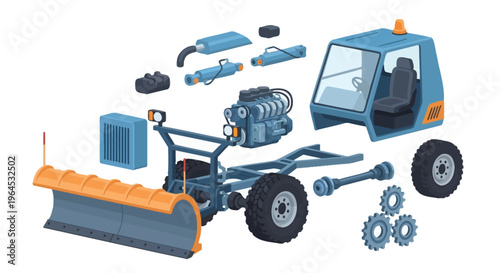 Isometric Disassembled Snowplow Parts. Exploded View of Snow Removal Vehicle Components for Maintenance & Engineering.