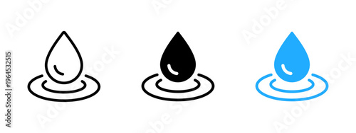 Water drop icon with ripple. Liquid, wetness and hydration symbol. Droplet, splash and fluid flow sign. Fresh water and moisture concept representing clean and refreshing liquid.