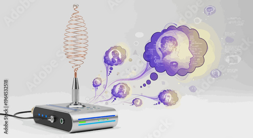 Device with a copper coil antenna sends thoughts as connected thought bubbles on light gray
