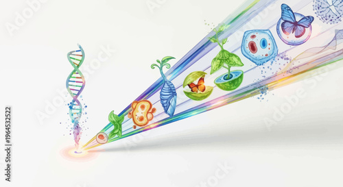 Colorful illustration depicting stages of life, from DNA to complex organisms, with evolving design