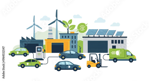 Sustainable Energy Ecosystem: Electric Vehicles Charging from Solar & Wind Power, Powering Green Industry & Urban Mobility. Eco-Friendly Future Concept.