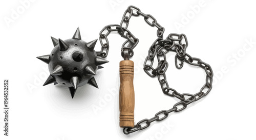 A medieval weapon with a spiked ball, wooden handle, and a metal chain, isolated on white