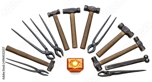 Tools of a blacksmith arranged around a glowing crucible. Hammers and tongs radiate