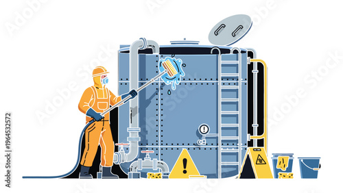 Tank Cleaning Operation: A worker, clad in protective gear, meticulously cleans a large industrial tank, a symbol of safety and sanitation.