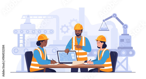 Diverse Engineering Team in Hard Hats Collaborating on Manufacturing Blueprint Amidst Industrial Factory Background