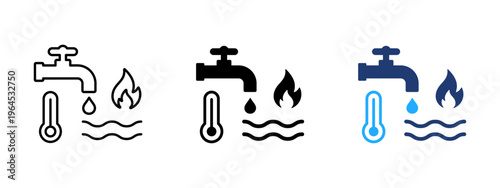 Hot water icon. High temperature and boiling water symbol. Steam, warm droplet and heated liquid sign. Hydration and flow concept representing hot and hot-temperature water.