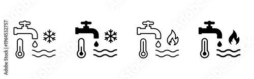 Hot and cold water icon set. High and low temperature water symbols. Boiling, freezing, warm and cool droplet signs. Liquid and hydration concept representing hot and cold water.