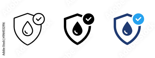 Water and shield icon. Save water and protection symbol. Hydration, conservation and eco-friendly liquid sign. Droplet and shield concept representing water safety and sustainable usage.