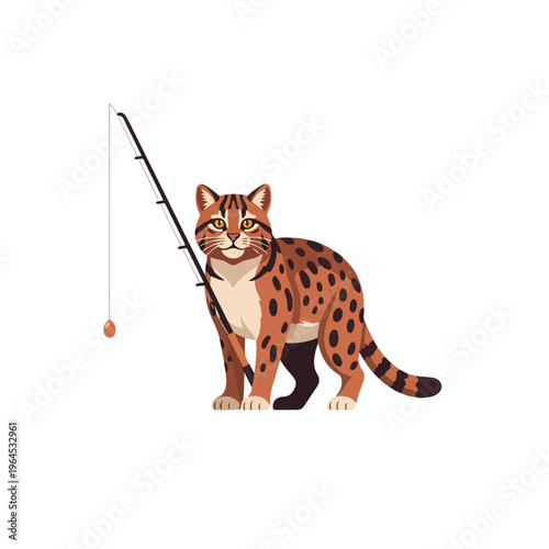 cartoon cat holding fishing rod with lure on white background