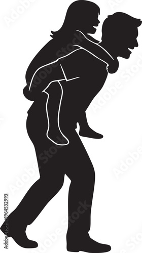 Silhouetted illustration of a joyful man giving a woman a piggyback ride, depicting fun, love, and active togetherness