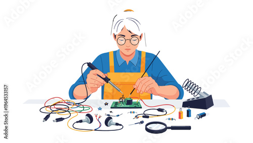 Electronics Hobbyist at Work: A seasoned woman concentrates on her electronics project, meticulously soldering components onto a circuit board in a focused display of expertise and passion.