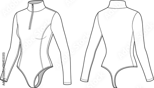 Fashion technical sketch of a long sleeve bodysuit with half zip front and high neck collar, front and back view template