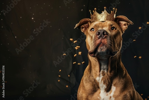 A majestic dog wears a crown, radiating royal charm. This captivating image showcases the playful spirit of pets. Ideal for pet lovers, festive events, or animal-themed projects. AI