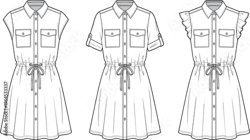 Fashion technical sketch of women shirt dresses with pockets and drawstring waist, summer casual apparel flat design template, vector garment illustration set