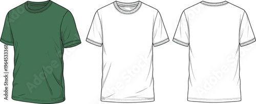 Front and back illustrated t-shirt mockup template, fashion design presentation, apparel showcase, clothing vector graphic, blank shirt illustration