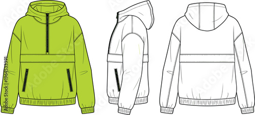 Hooded pullover jacket flat sketch, neon green front view, half zip closure, elastic cuffs waistband, fashion apparel technical drawing garment construction illustration