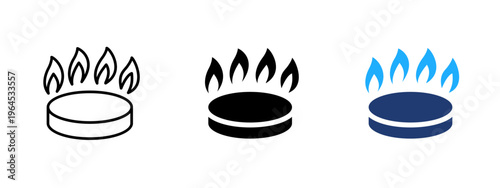 Gas stove burner icon. Kitchen cooking and flame symbol. Heat, energy and ignite sign. Cooking appliance concept representing gas burner and food preparation.
