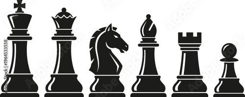 Set of black chess piece icons including king queen knight bishop rook and pawn isolated on a white background for game design