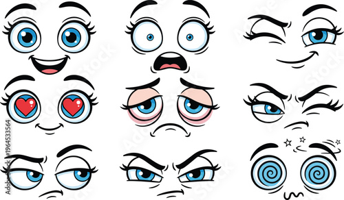 Set of cartoon emoji faces with various expressions including happy surprised sad angry and confused eyes isolated on white background, vector illustration