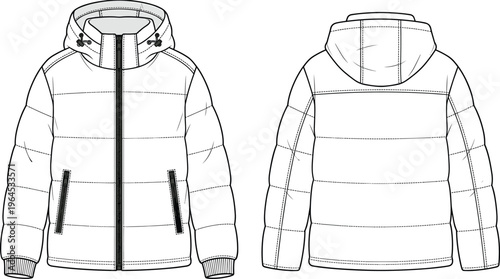 Puffer jacket flat sketch, hooded coat, quilted outerwear, front zipper closure, ribbed cuffs, fashion apparel technical drawing, garment construction illustration front back view