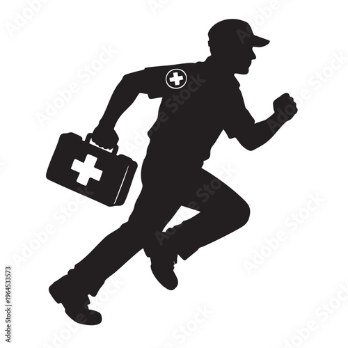 Emergency paramedic doctor running with first aid kit silhouette for medical rescue concept.
