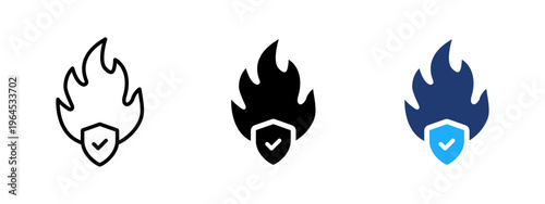 Secure fire icon with shield. Flame and protection symbol. Burn, blaze and hazard sign. Safety and guard concept representing controlled fire and risk prevention.