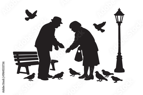 Elderly couple feeding birds on park bench silhouette for peaceful senior living.