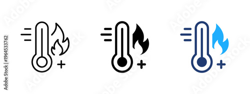 High temperature thermometer icon. Heat, hot and thermal symbol. Flame, burn and energy sign. Temperature and warning concept representing high heat and hot conditions.