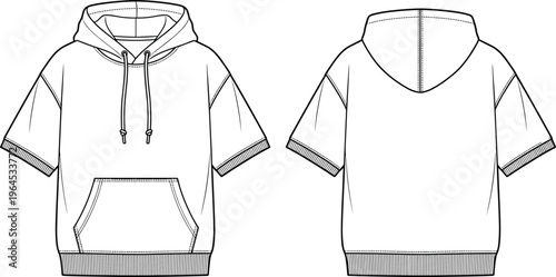 Short sleeve hoodie flat sketch front back view, fashion apparel design illustration, technical garment drawing with hood, pocket, ribbed hem, cuffs