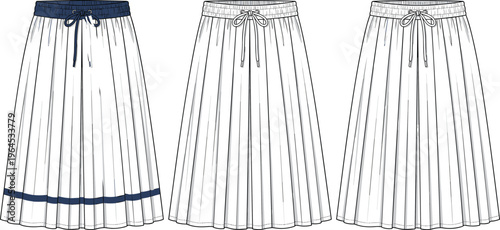 Set of technical fashion sketches for pleated midi skirts with drawstring waistbands including navy blue trim details for apparel design templates