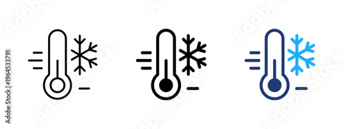 Low temperature thermometer icon. Cold, icy and freeze symbol. Chill, frost and snow sign. Temperature and alert concept representing low heat, cool conditions, and cold monitoring.