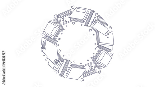 Literary Circle: A captivating circular arrangement of open books and delicate hearts invites readers to a world of endless stories and boundless imagination.