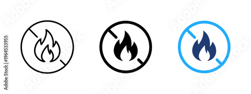 No fire icon with crossed flame in circle. Fire ban and prohibition symbol. Warning, danger and safety sign. Forbidden fire concept representing restriction and no flame usage.