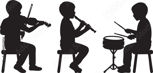Young children learning and performing music together, showcasing talent with violin, flute, and drums in a harmonious silhouette illustration